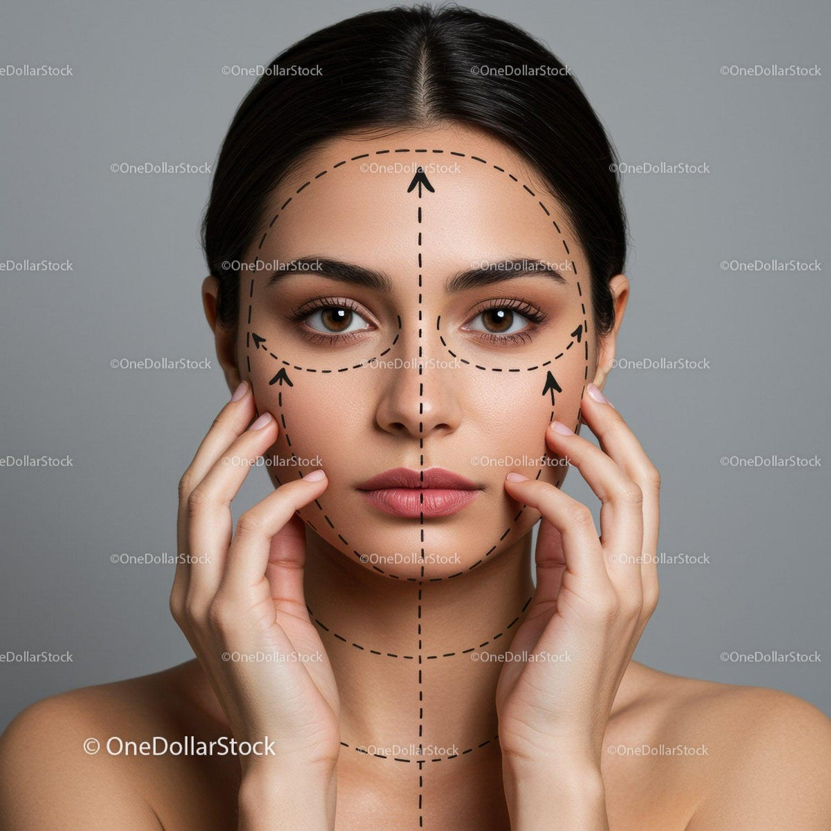 Woman with Facial Zones Marked for Skin Analysis and Beauty Treatment