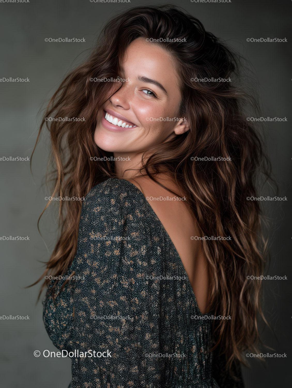 Smiling Woman with Wavy Hair Wearing Metallic Dress in Studio