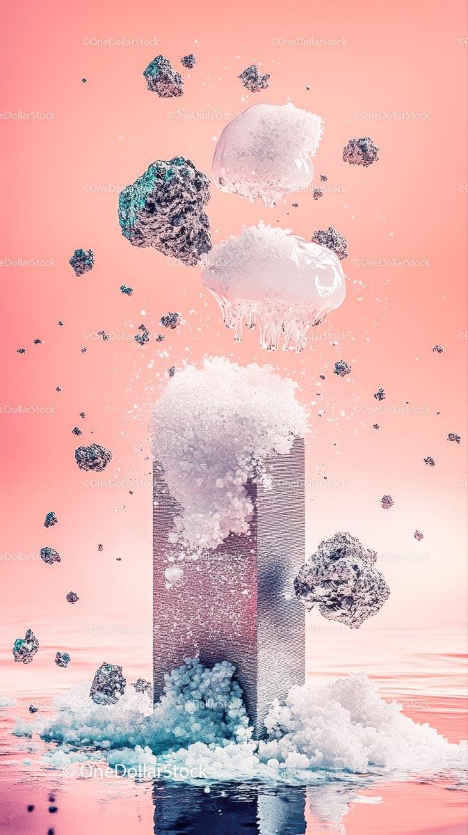 Abstract Ice and Rock Collage with Floating Debris on Pink Background
