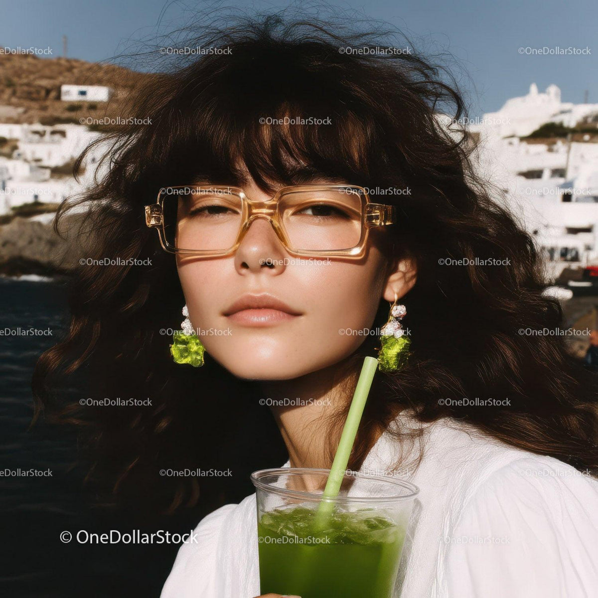Fashionable Woman Wearing Sunglasses Drinking Green Cocktail Outdoors