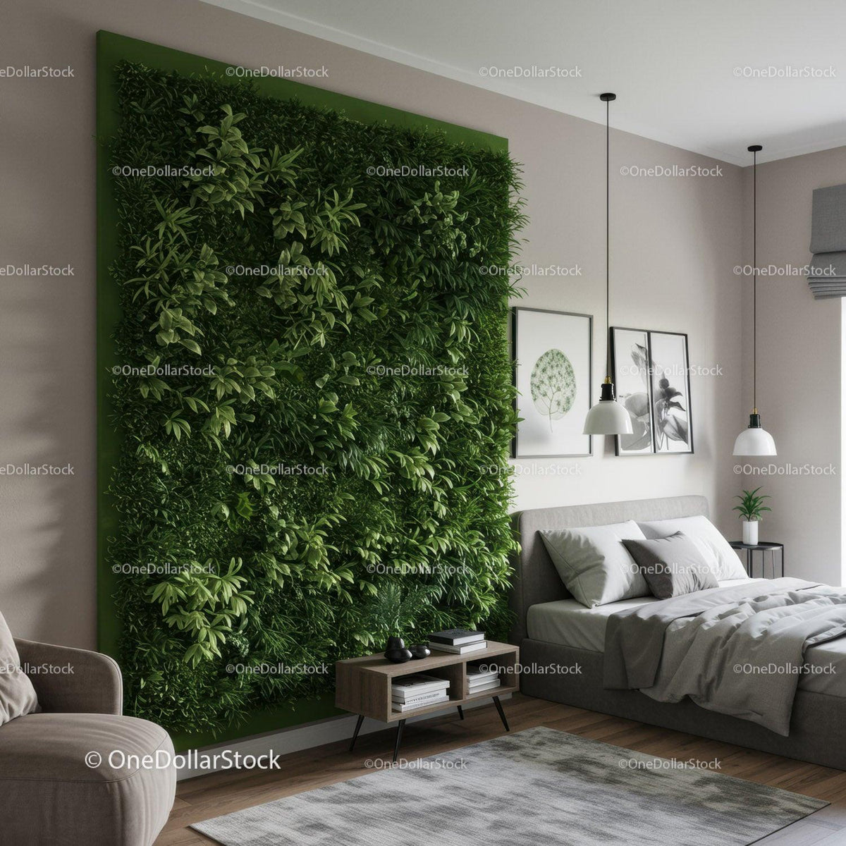Modern Bedroom with Lush Green Plant Wall for Relaxation and Style