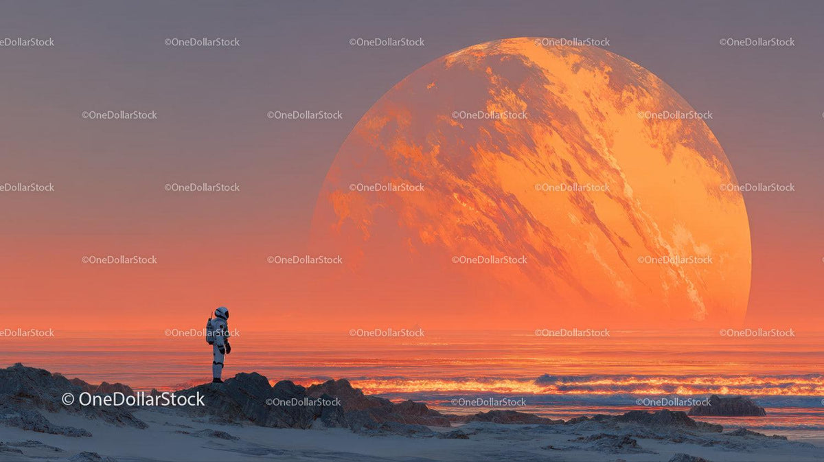 Astronaut on rocky beach with large orange moon near horizon at sunset