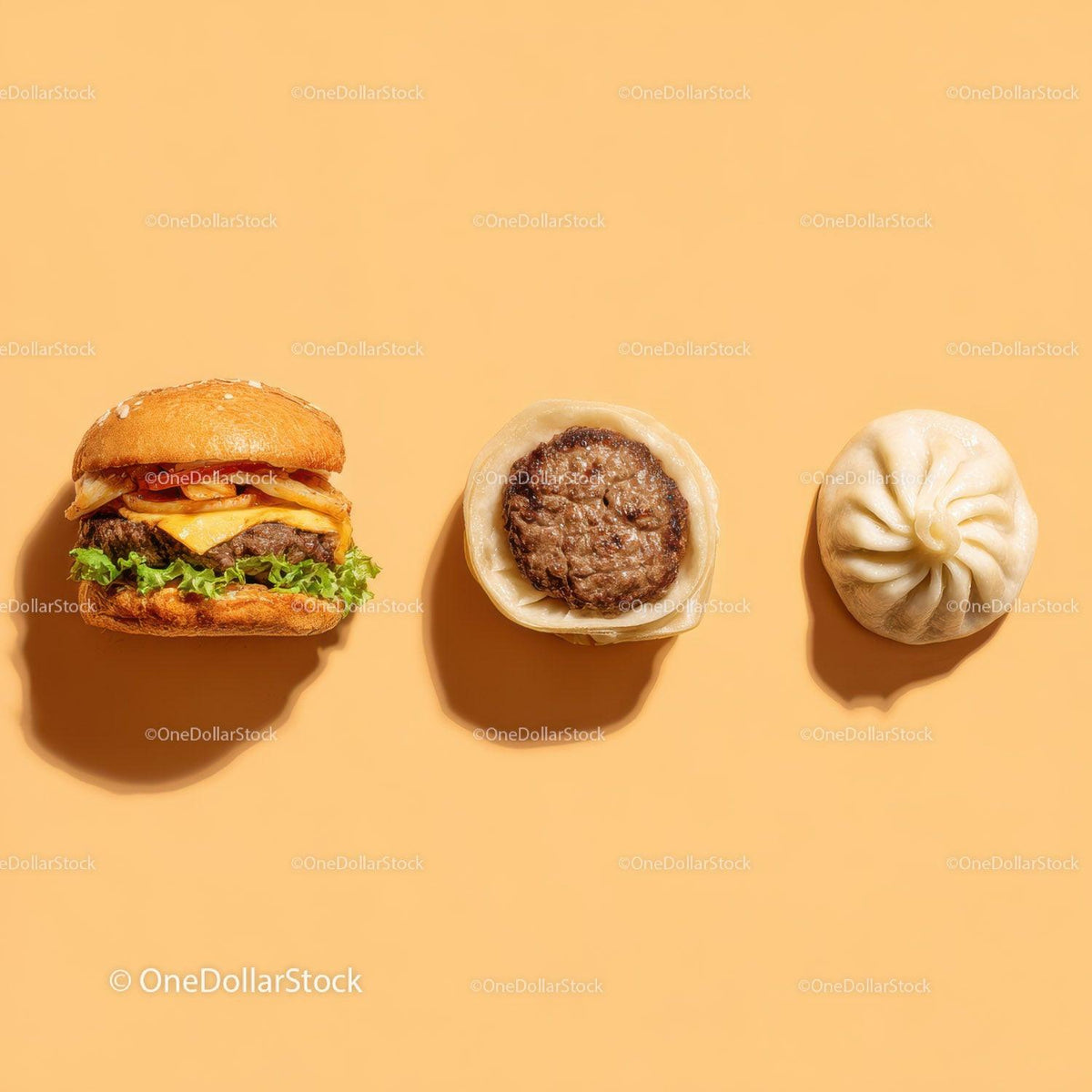Gourmet Burger with Lettuce and Tomato Next to Grilled Steak and Dumpling Stock Photo Bundle preview 30