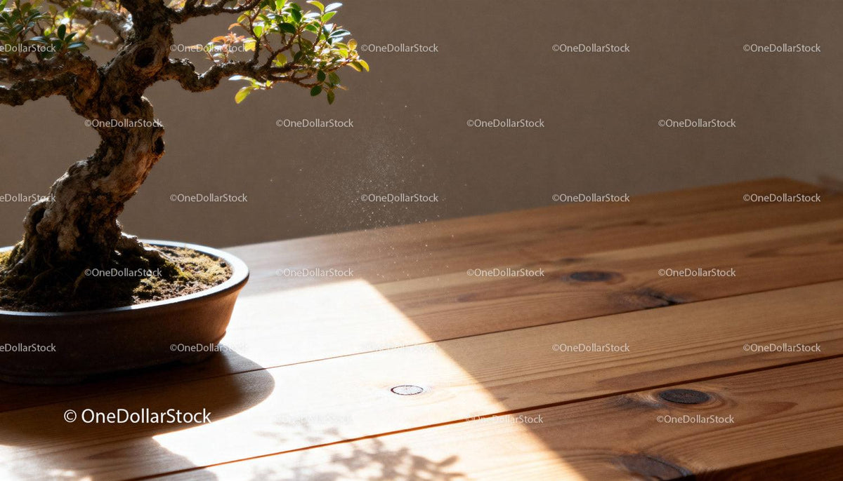 Bonsai tree basking in warm sunlight on wooden table