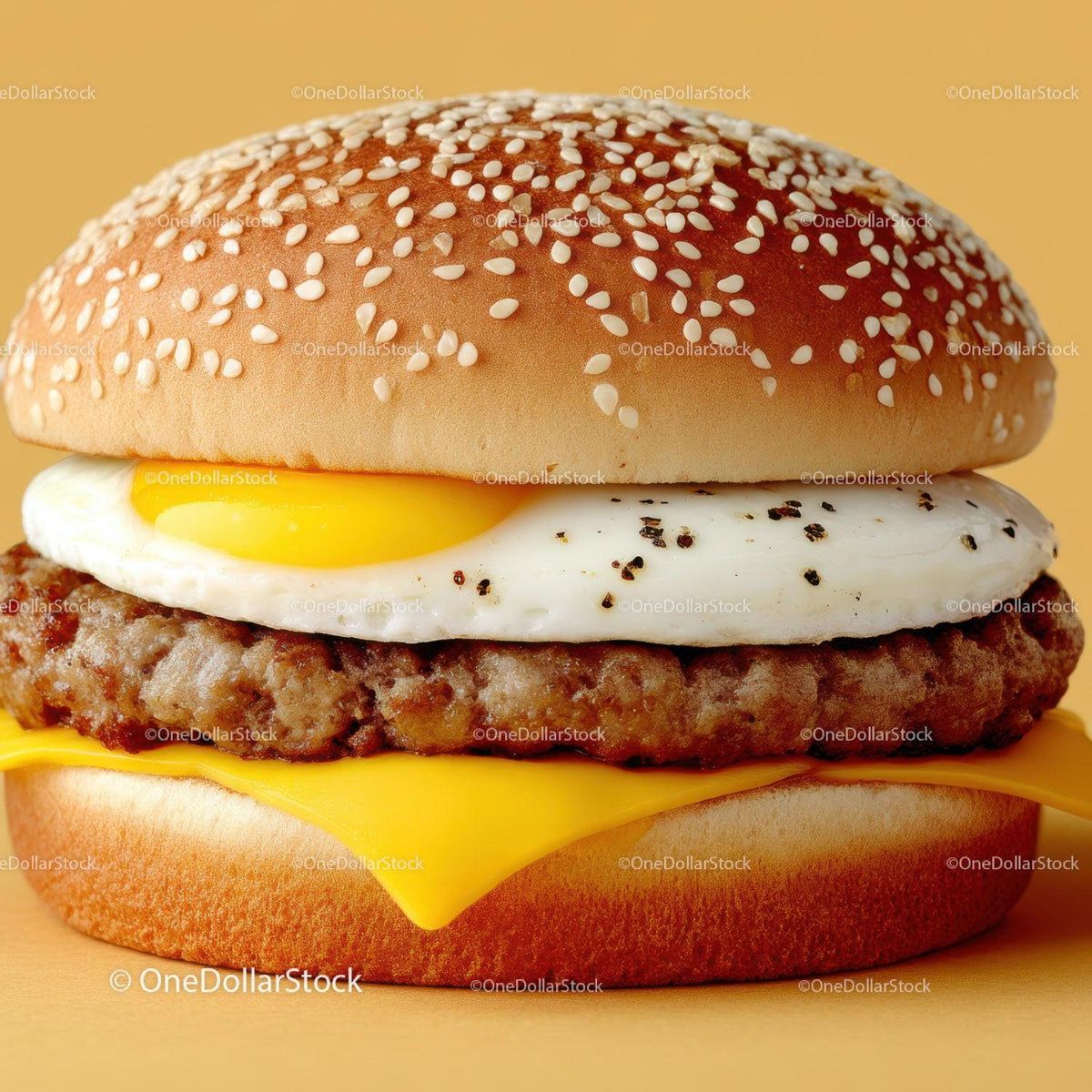Close-up of Juicy Cheeseburger with Fried Egg and Cheese