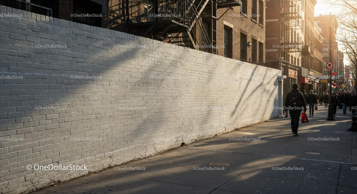 People Walking on City Sidewalk Near Brick Wall and Buildings JPG Mockup Image preview