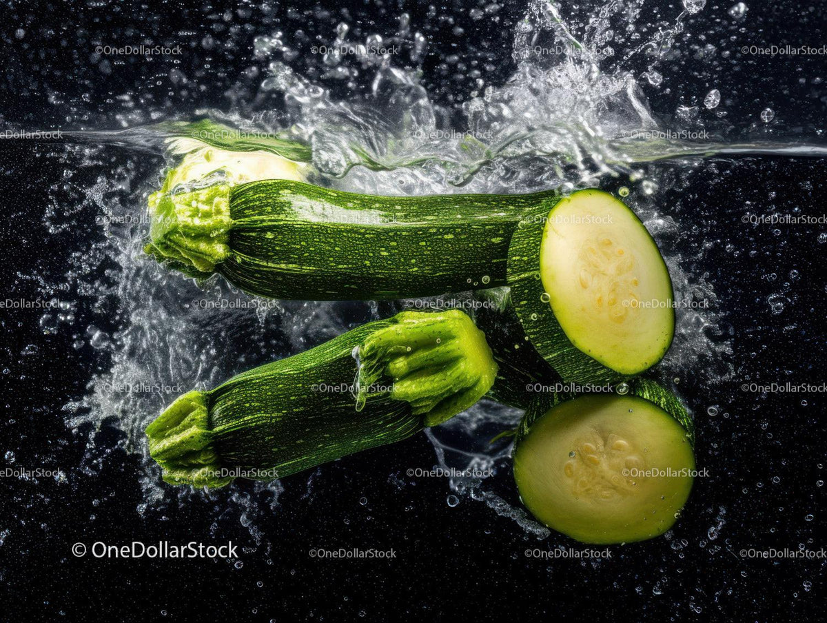 Fresh Zucchini Slices and Whole Green Squash on Water Splash