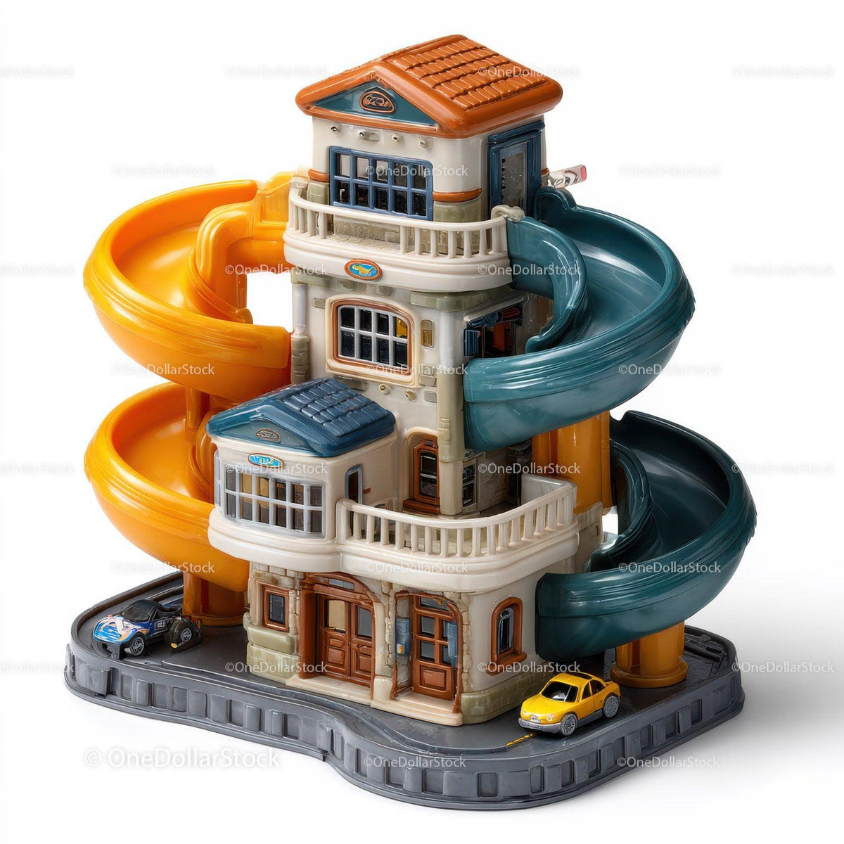 Multi-story toy parking garage with orange and teal spiral slides and two toy cars