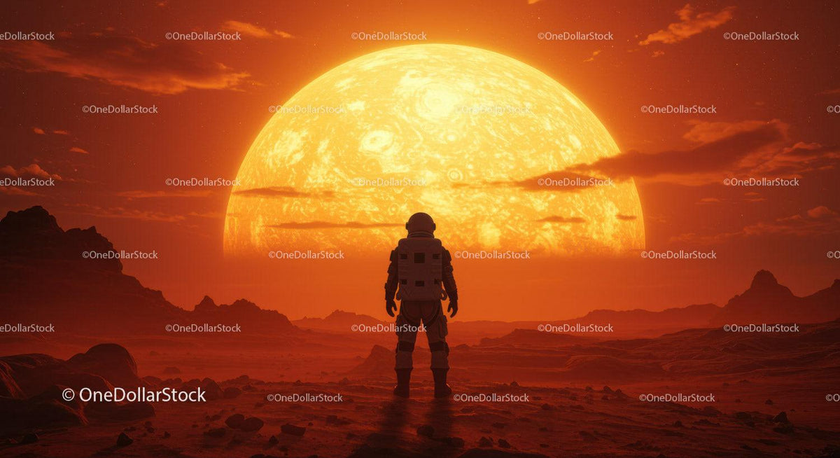 Astronaut Standing on Alien Planet with Large Sun Setting Behind Stock Photo Bundle preview 5