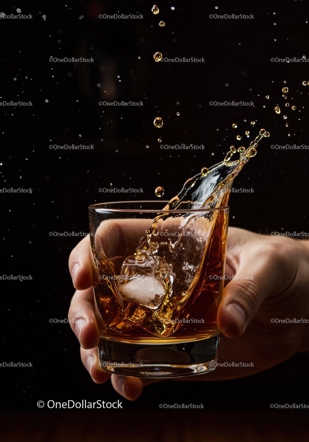 Hand Holding Glass of Whiskey with Splashing Ice Cubes
