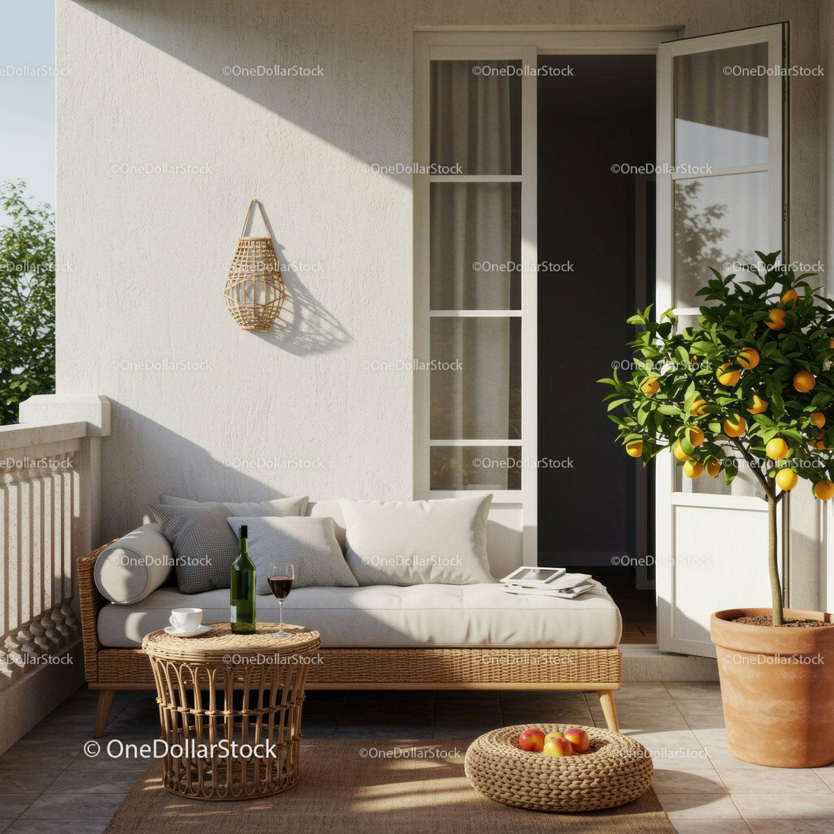 Cozy Balcony Lounge with Citrus Tree and Relaxing Vibe