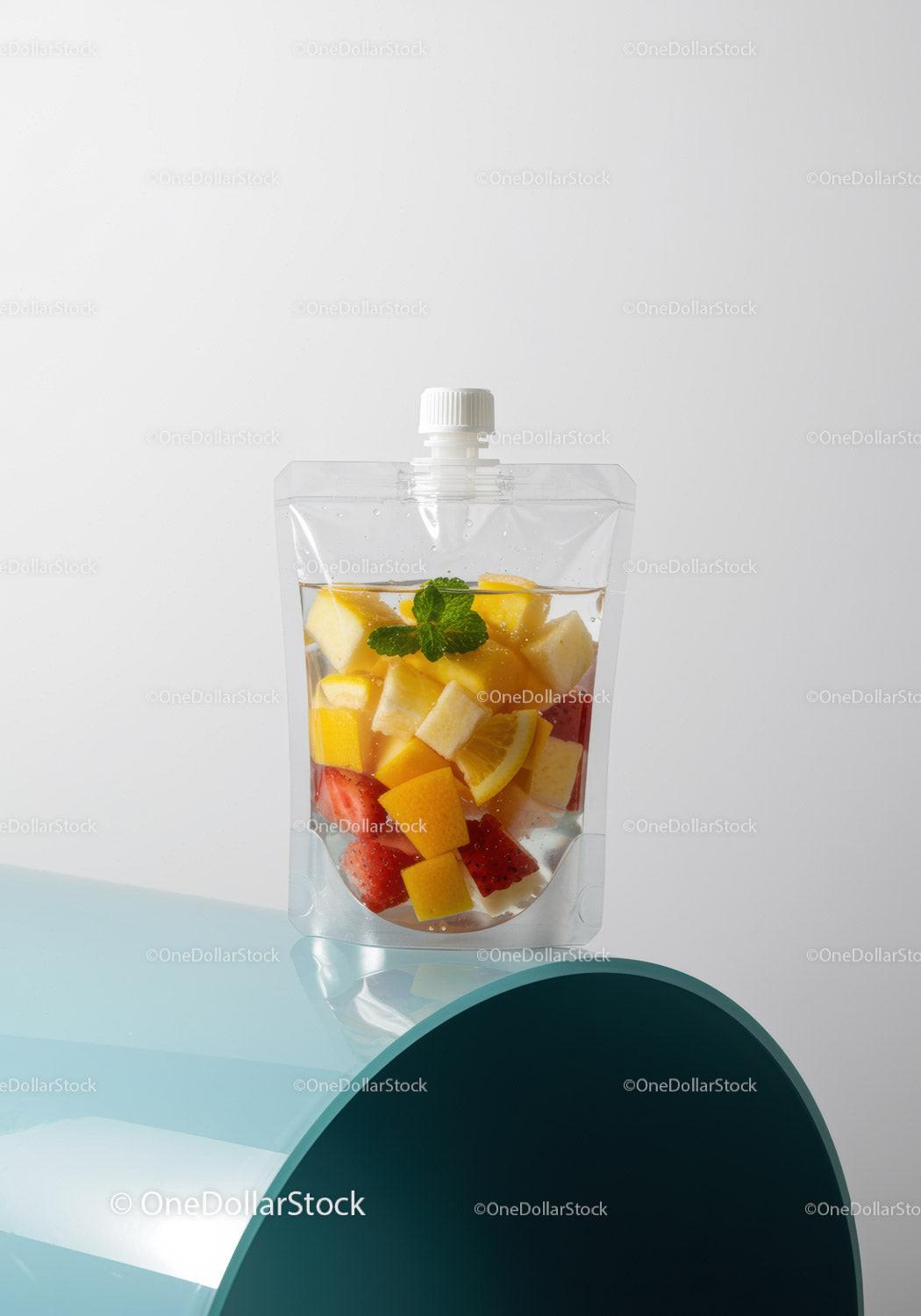 Fresh fruit infused water in clear pouch with mint leaf