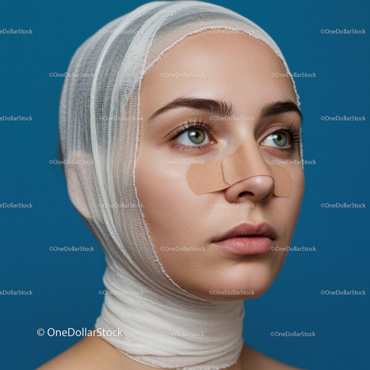 Close-Up of Woman with Facial Bandages and Healing Skin