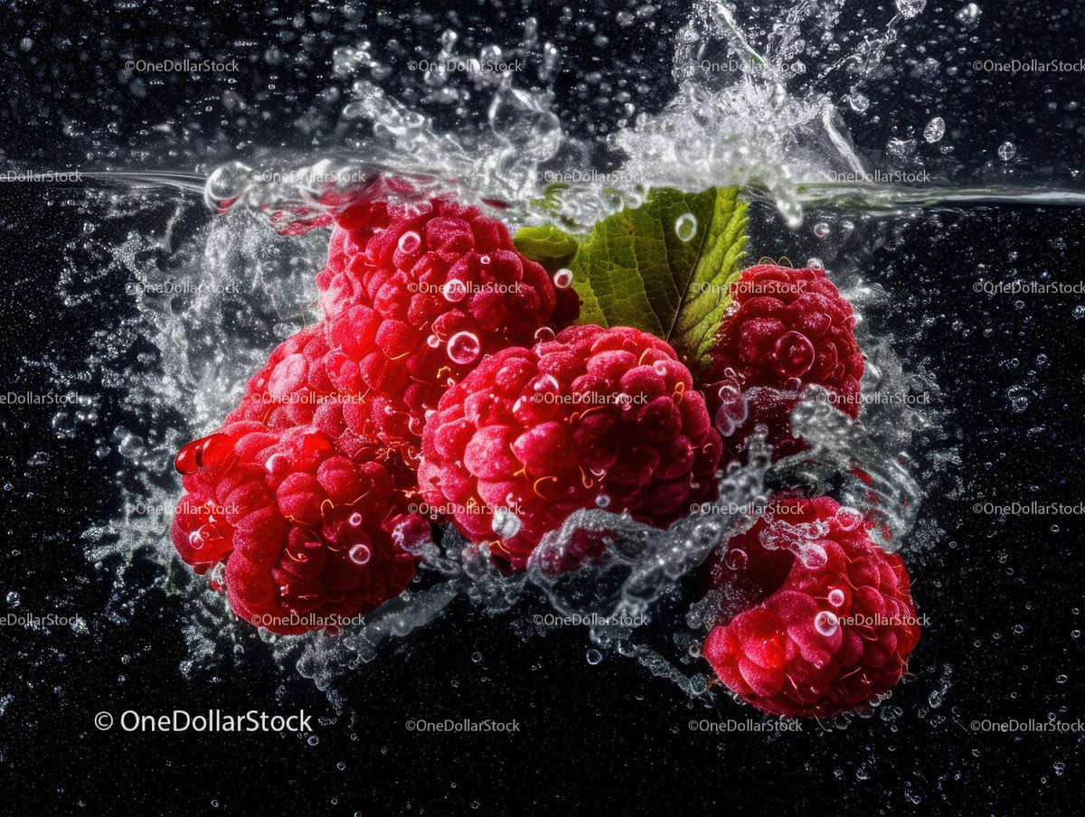 Fresh Red Raspberries Falling into Water Splashing Effect