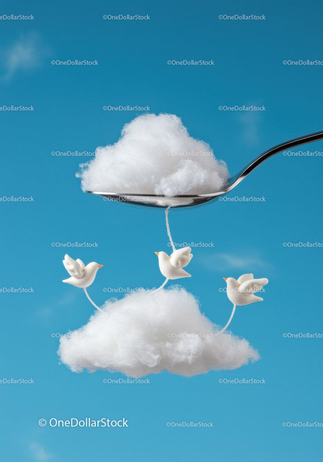 Creative Cloud and Bird Concept with Cotton and Spoon