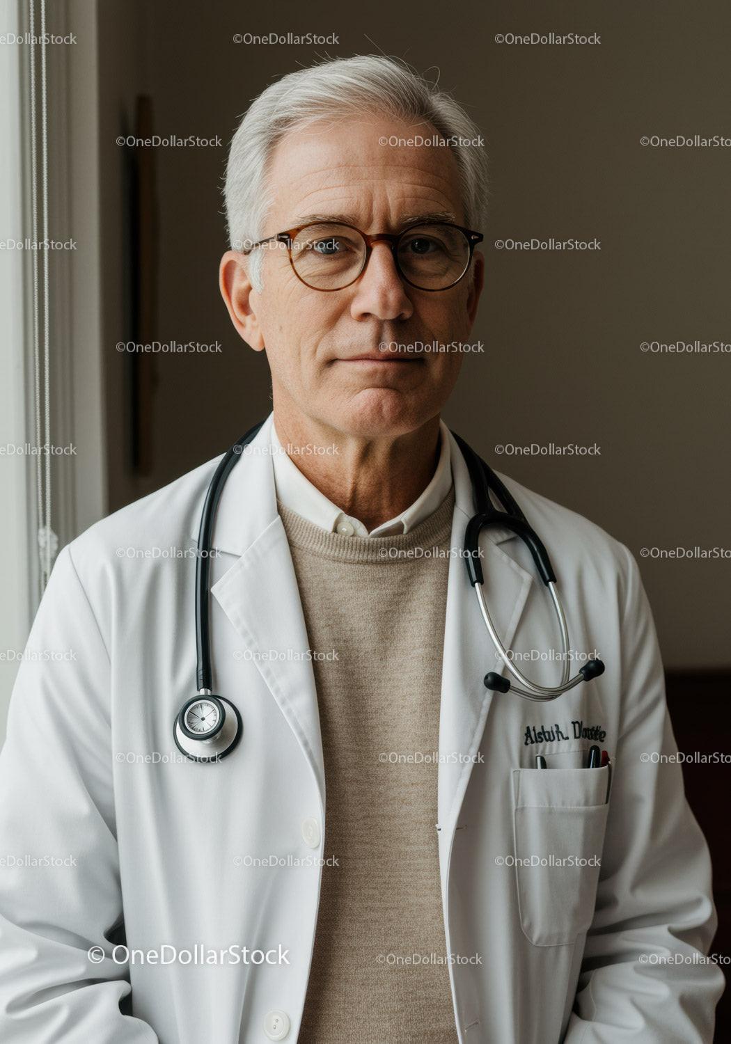 Senior Male Doctor with Glasses and Stethoscope in a Medical Clinic
