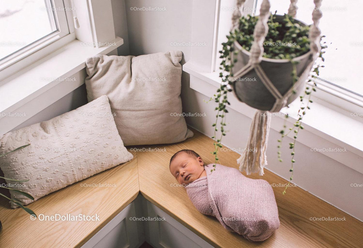 Newborn peacefully sleeping on cozy window bench