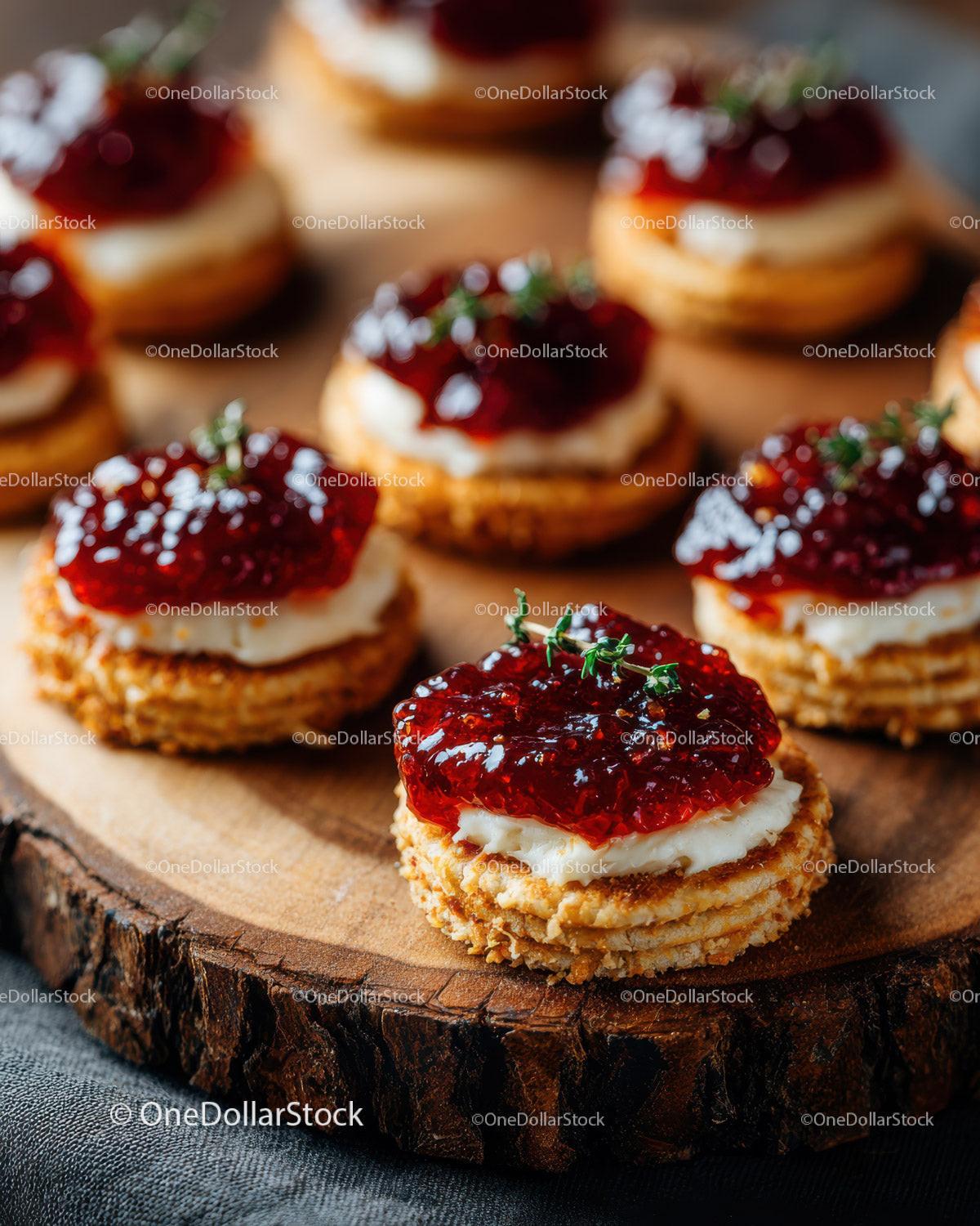 Gourmet Crostini with Cheese and Red Pepper Jelly on Rustic Platter Stock Photo Bundle preview 7