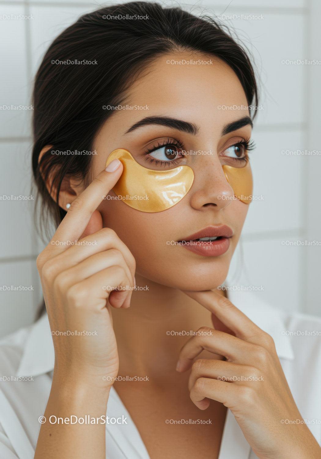 Woman Applying Under Eye Gold Hydrogel Patches for Skin Rejuvenation