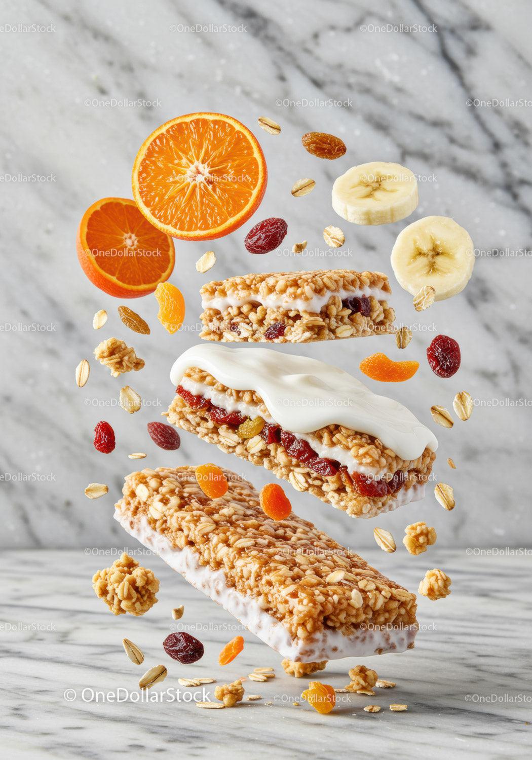 Healthy granola bars with yogurt and fresh fruit slices