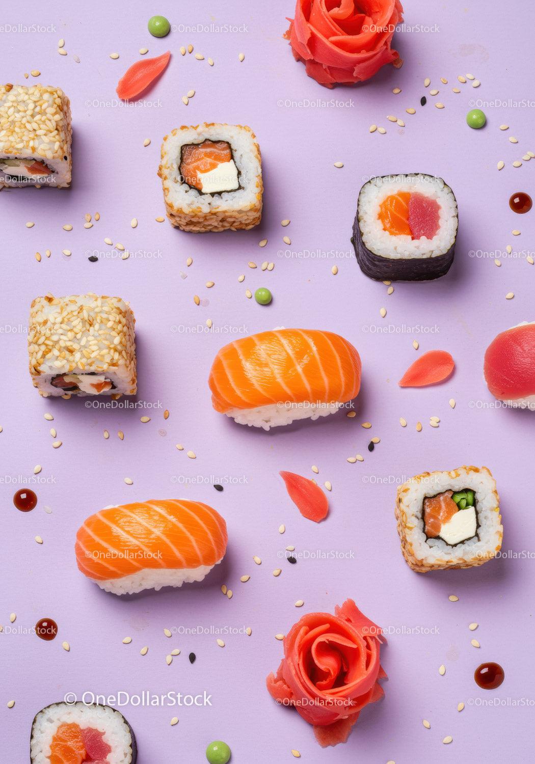 Assorted fresh sushi pieces with ginger on lilac background