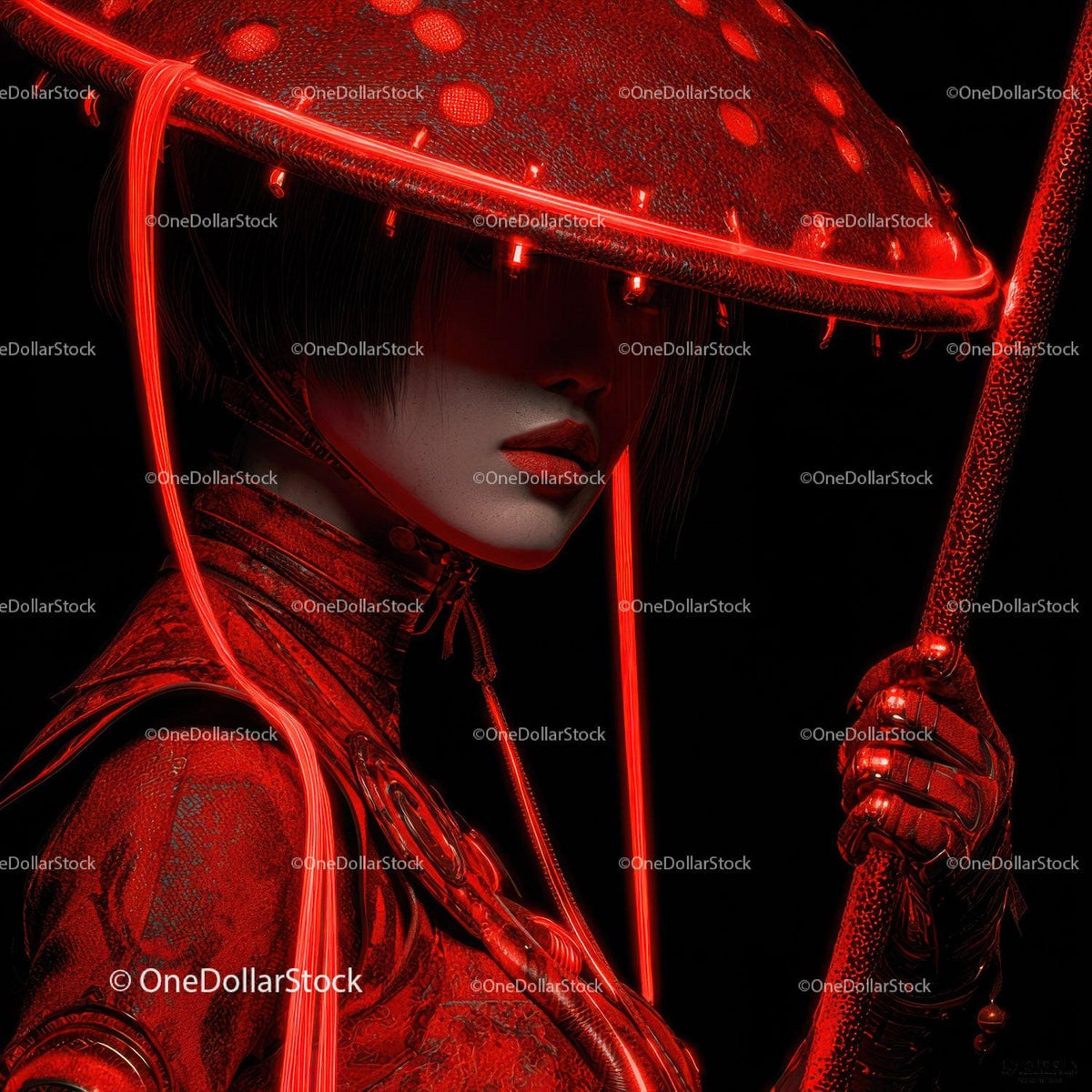 Futuristic Samurai in Neon Red Armor Holding Umbrella Stock Photo Bundle preview 20