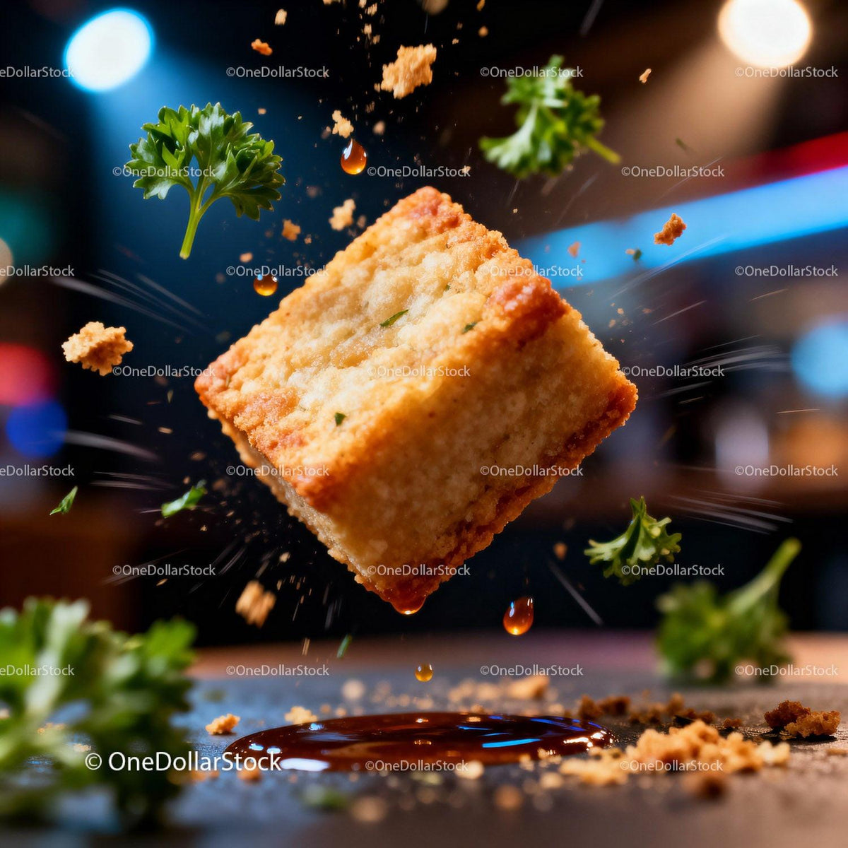 Crispy golden fried bite with fresh parsley and sauce splash