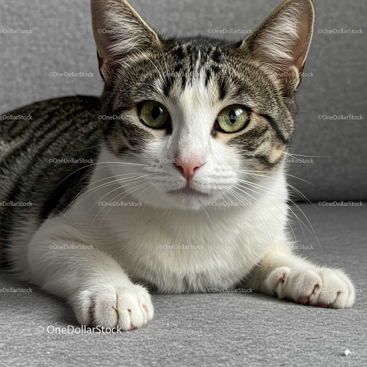 Close-up of curious tabby cat lying on gray surface