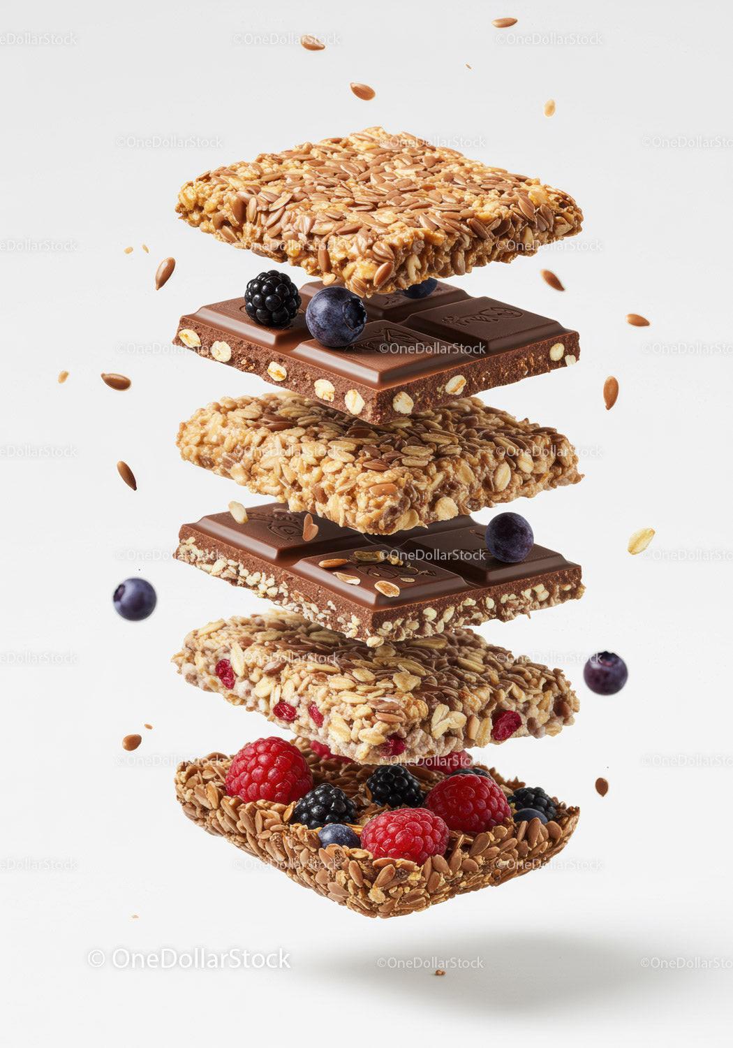 Layered granola bars with chocolate and fresh berries