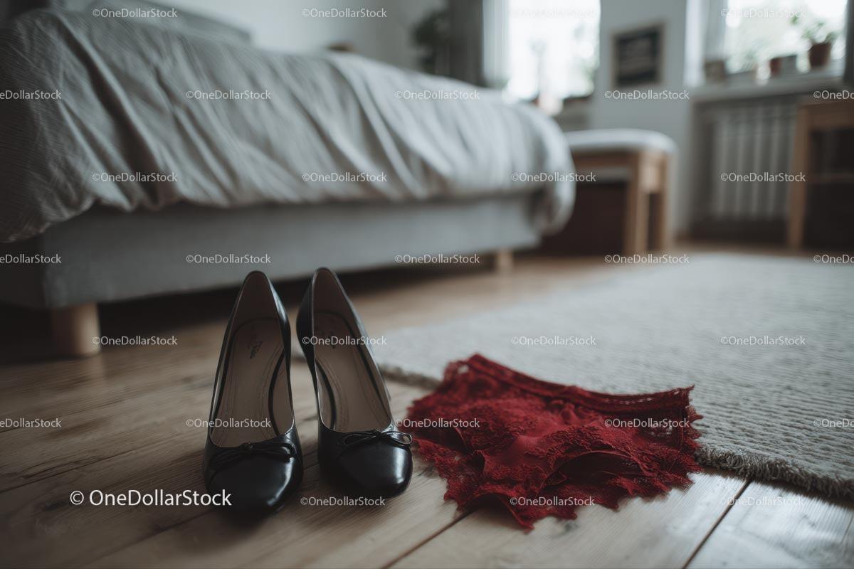 Chic Black Heels and a Red Lace Dress in a Cozy Bedroom Setting Stock Photo Bundle preview 13