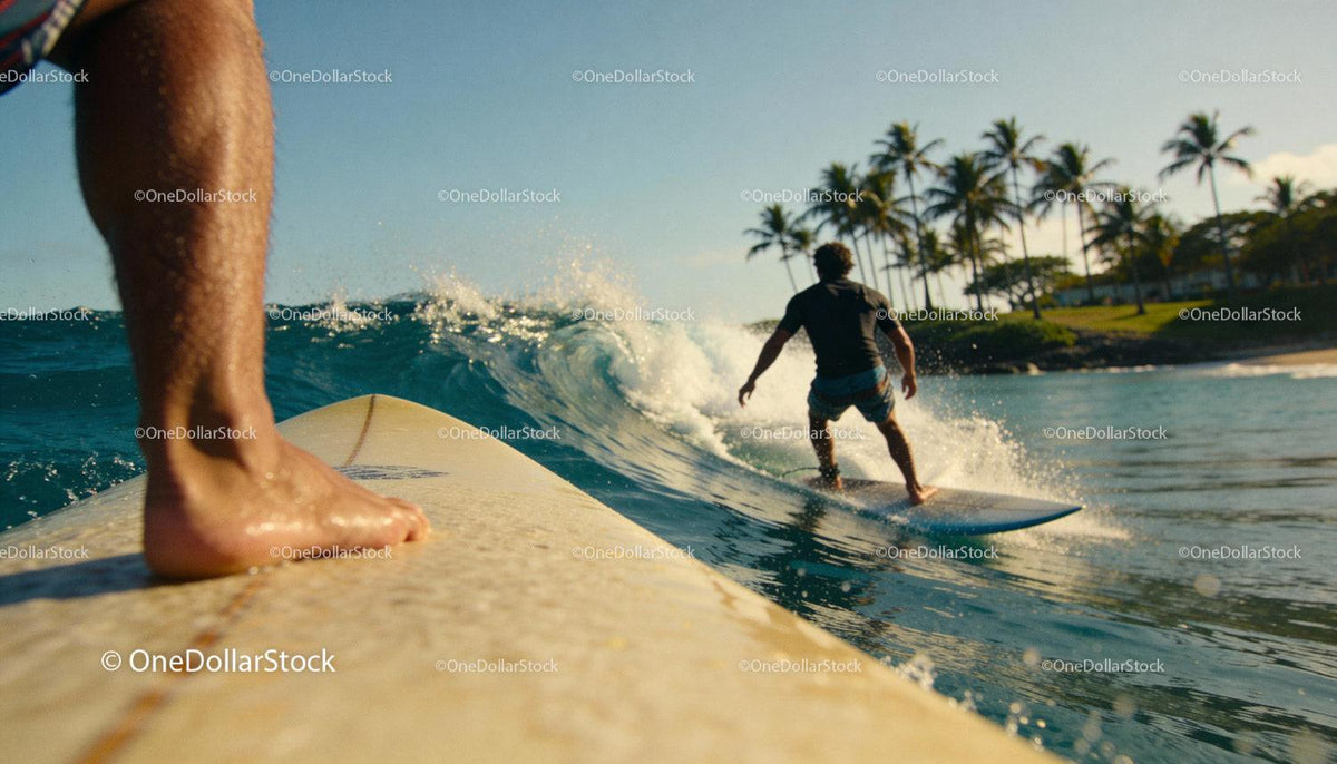 Surfers riding waves near tropical palm coastline