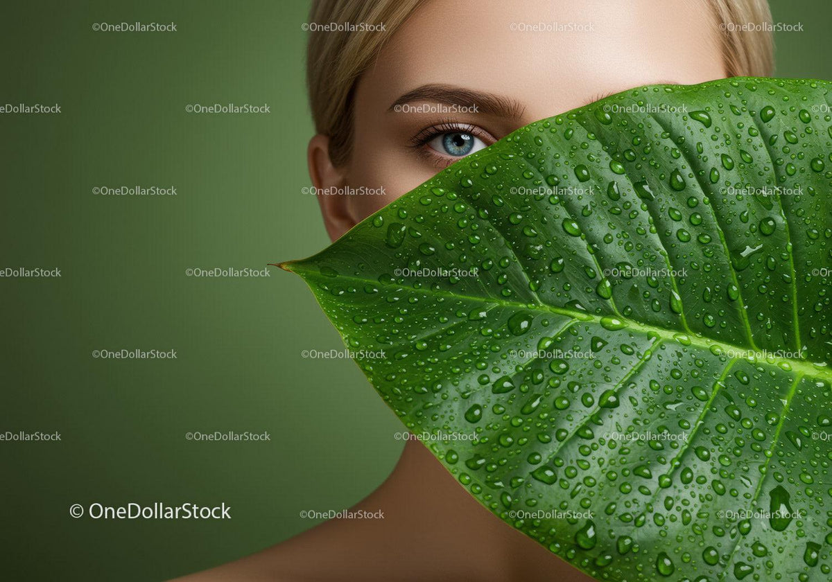 Close-up of Woman with Blue Eye Behind Green Tropical Leaf with Water Droplets