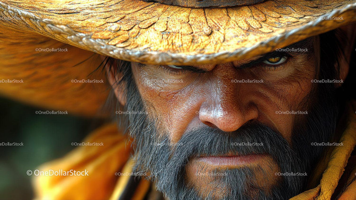 Close-up of a bearded man wearing a wide-brimmed brown hat with detailed skin texture