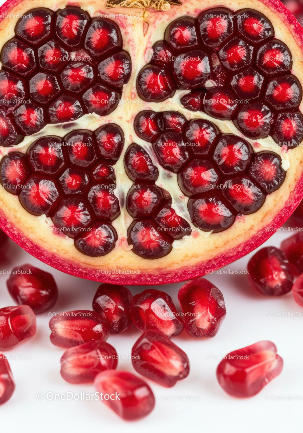 Close Up of Fresh Pomegranate Seeds and Fruit Half