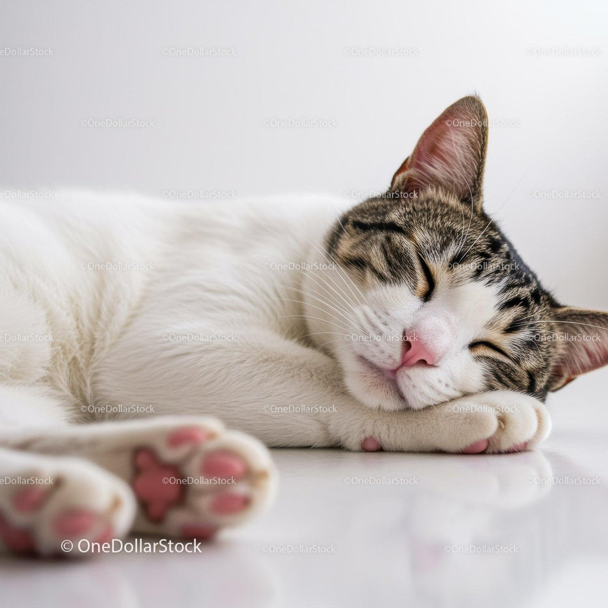 Peaceful tabby cat sleeping soundly on white surface