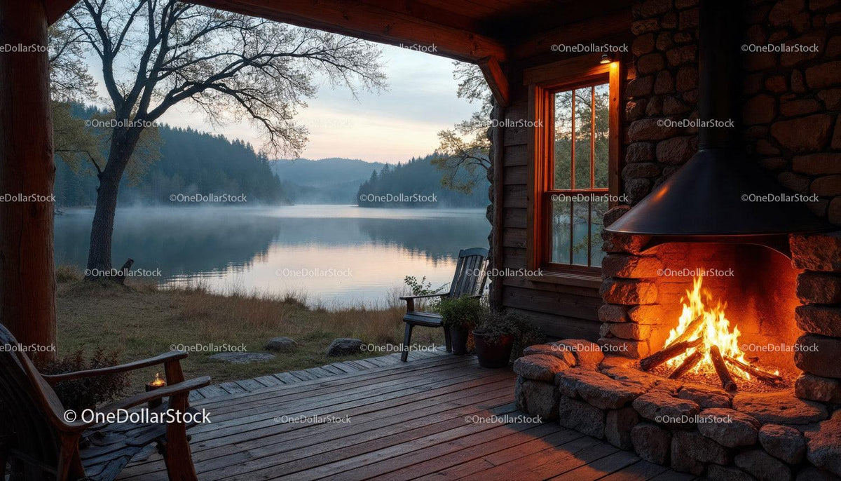 Rustic Cabin Porch with Firepit and Scenic River View Stock Photo Bundle preview 33