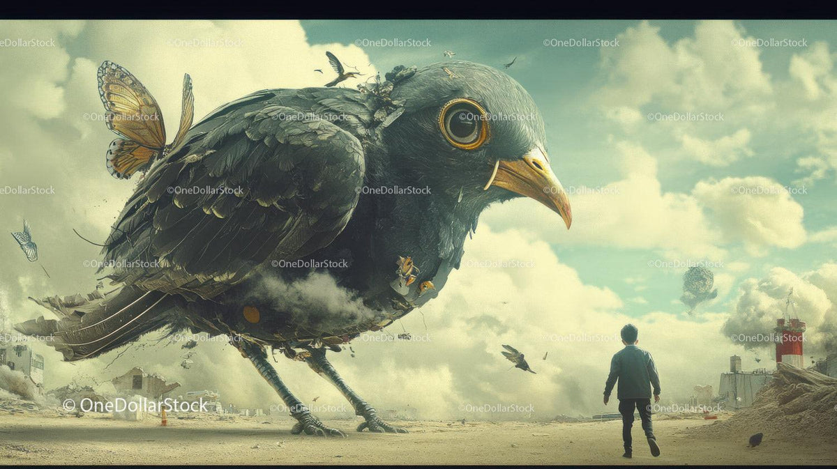 Giant black bird with butterflies standing near man on barren landscape under cloudy sky