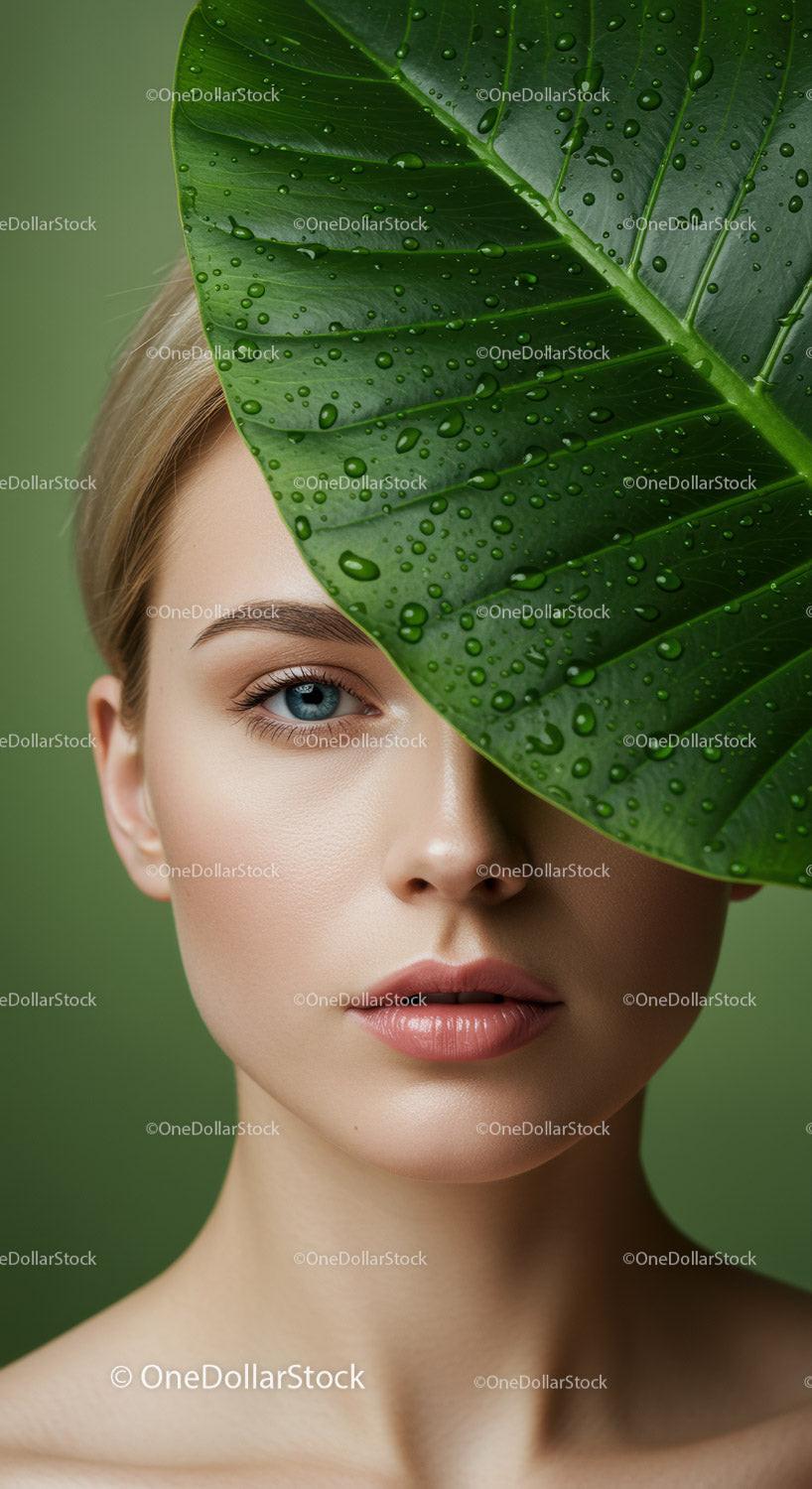Portrait of a Woman with Blue Eyes and a Tropical Green Leaf