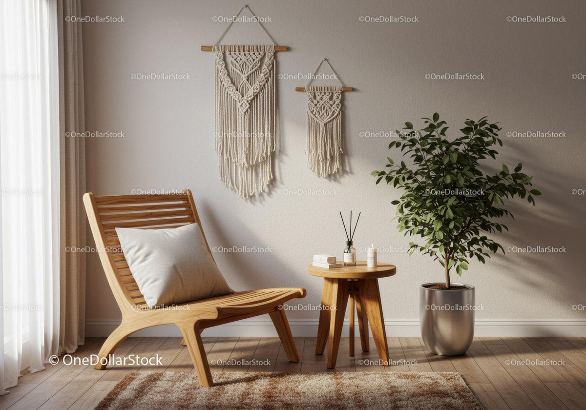 Cozy corner with wooden chair and indoor plant