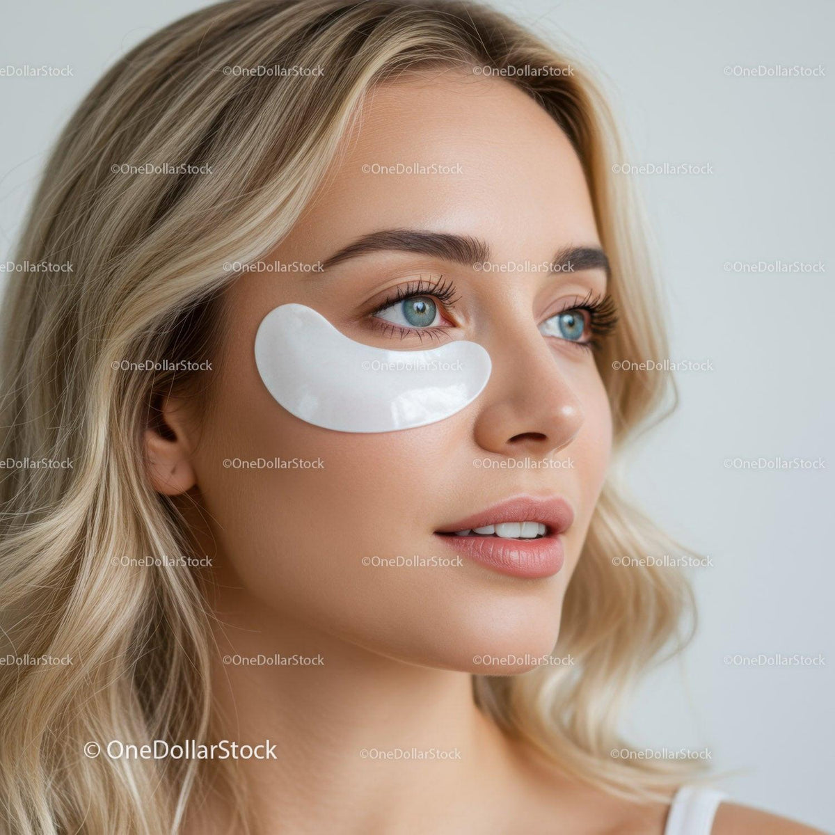 Close-up of a woman with blue eyes and blonde hair wearing an eye mask