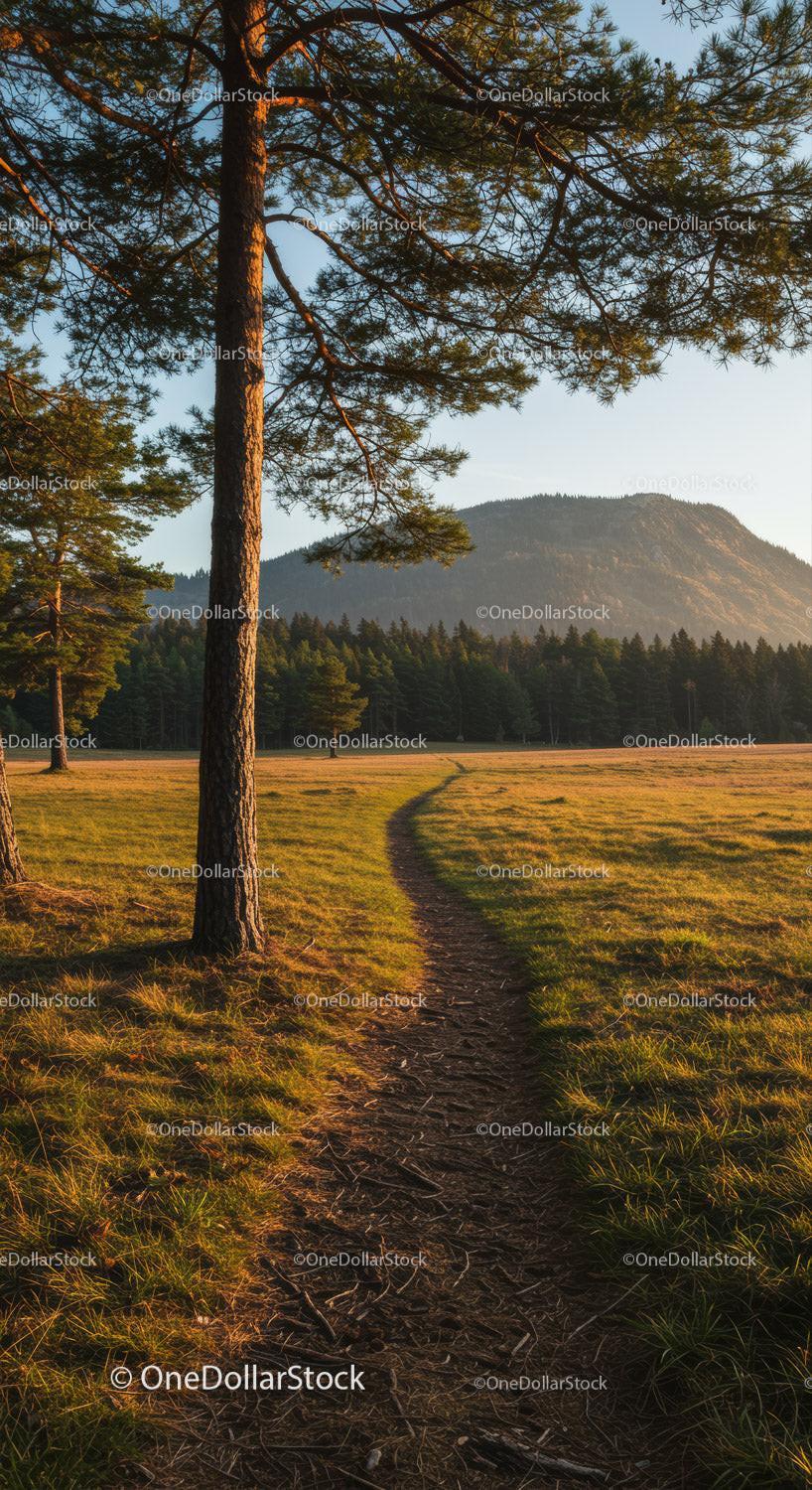 Scenic Mountain Forest with Pathway and Golden Sunset Light