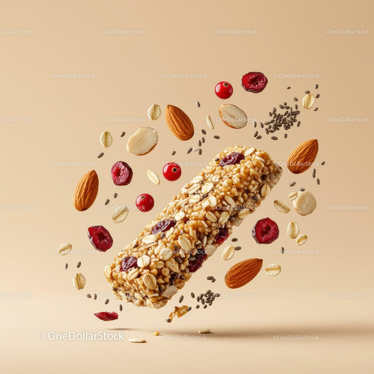 Healthy granola bar with almonds and dried berries