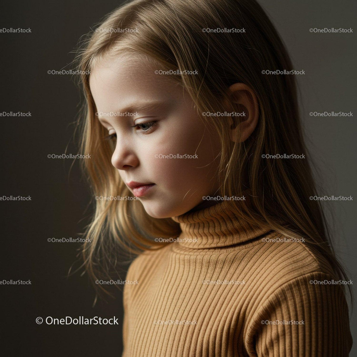 Portrait of thoughtful young girl in brown turtleneck