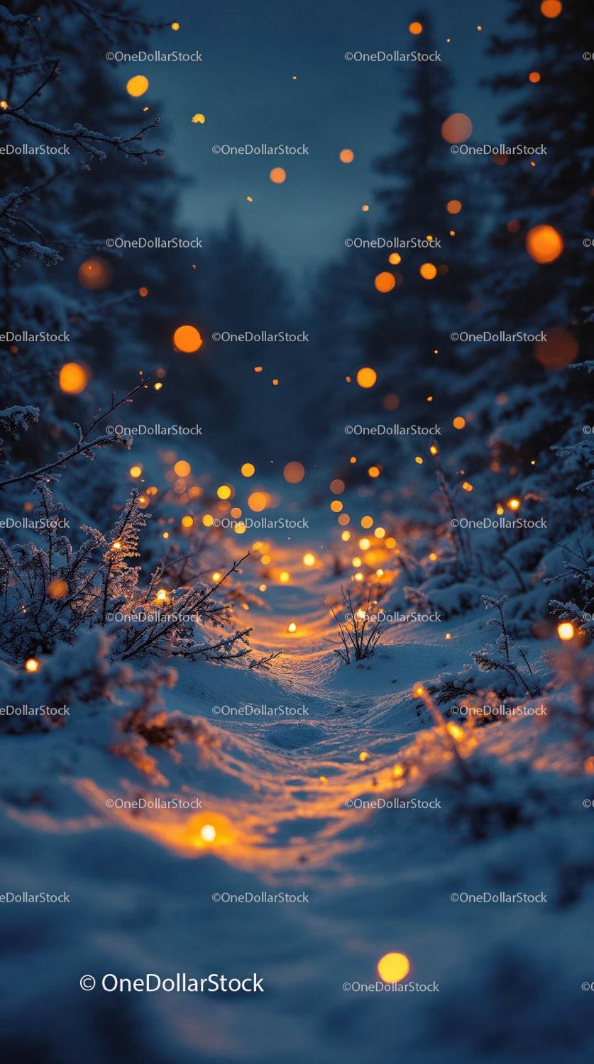 Winter forest path glowing with warm floating lights