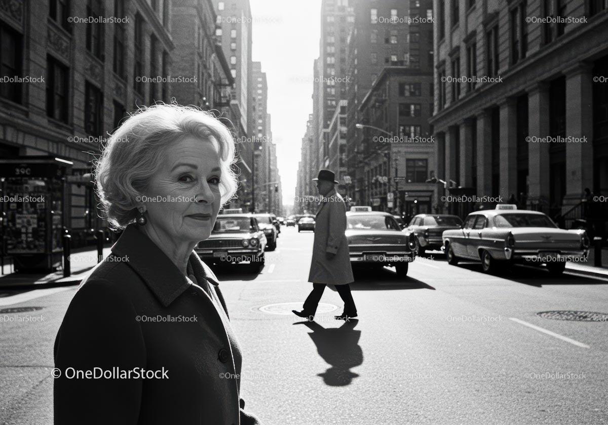 Elegant Elderly Woman Walking Through Busy City Street in Black and White