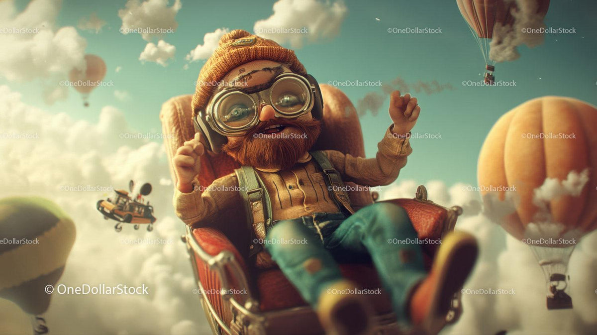 A toy aviator doll with goggles sitting in a vintage chair flying among hot air balloons in the sky