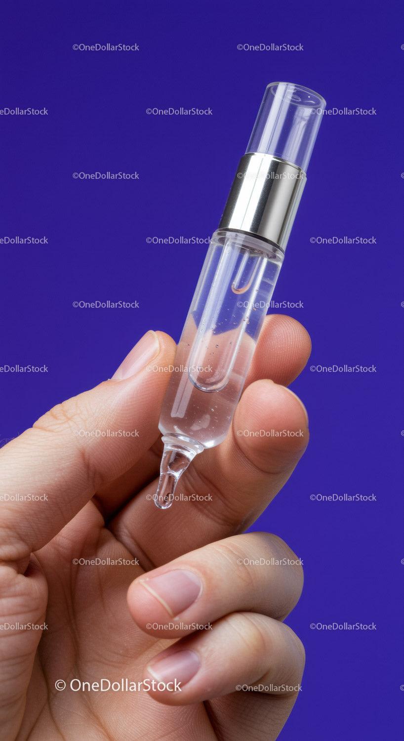 Close-up of a hand holding a medical syringe with liquid against a blue background