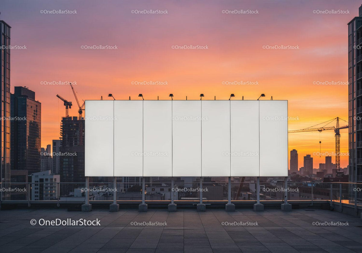 Blank Billboard on Urban Rooftop with City Skyline at Sunset JPG Mockup Image preview