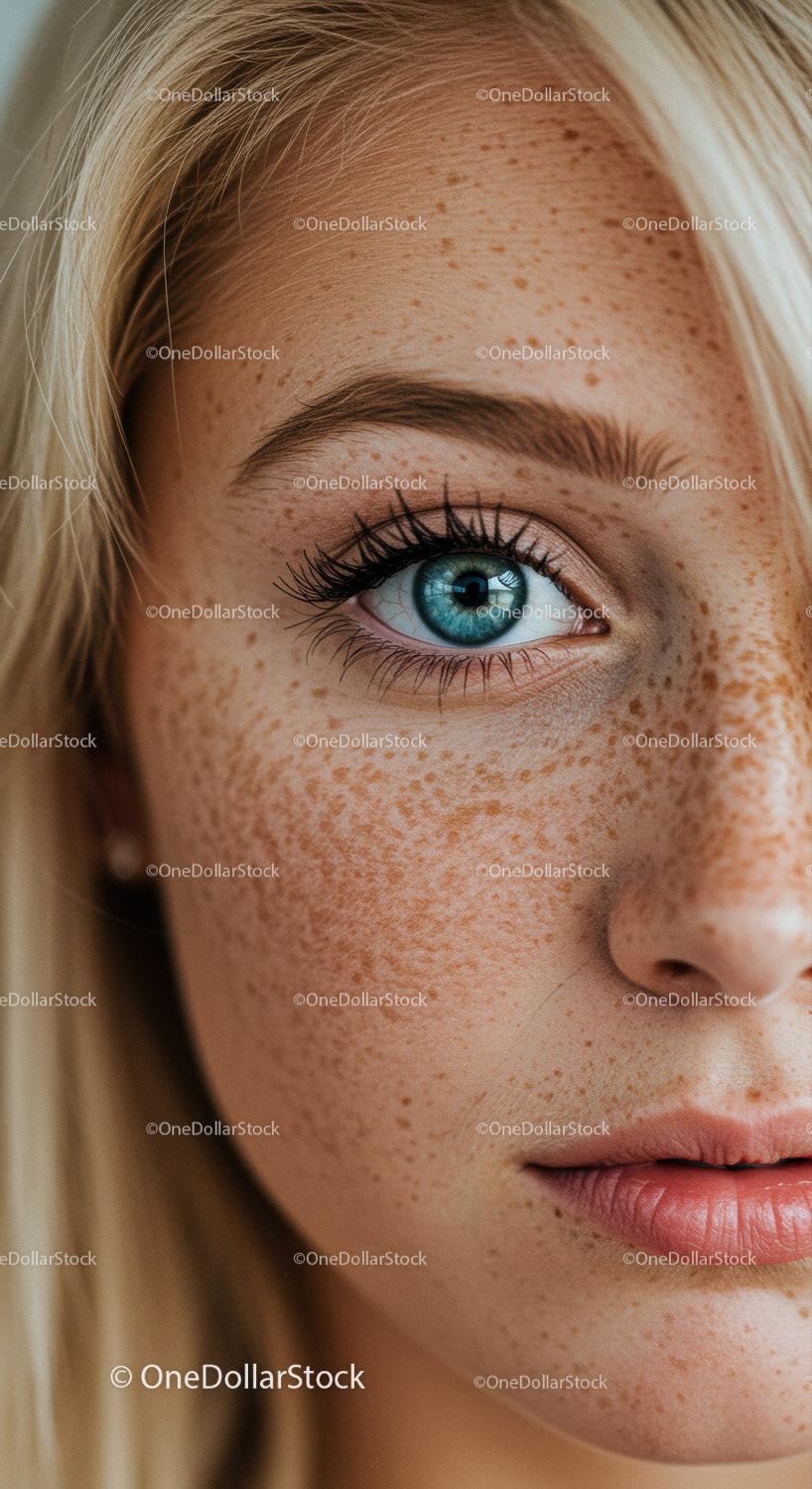 Close-up of freckled woman's bright blue eye and lips