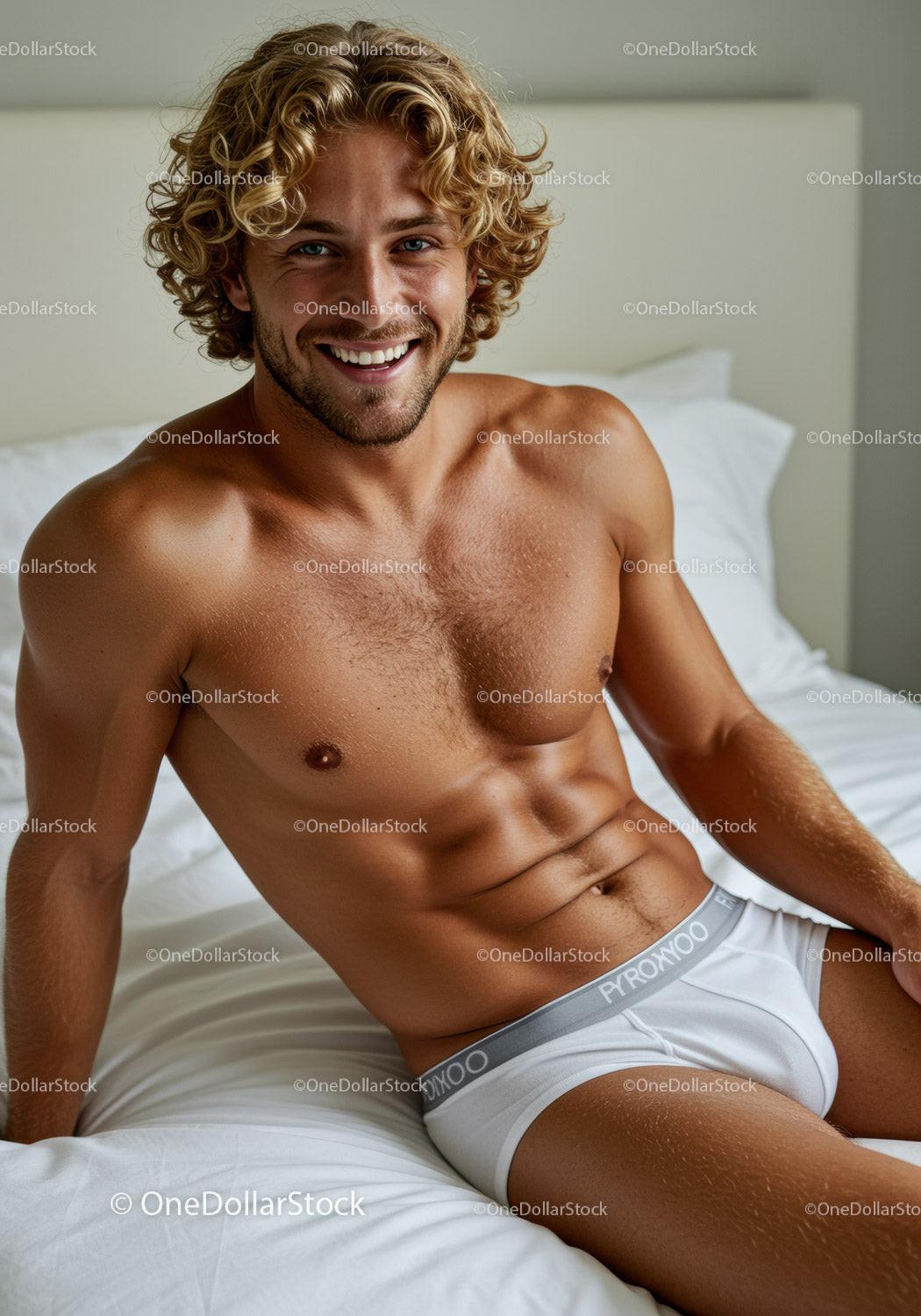 Smiling man relaxing on bed in white underwear